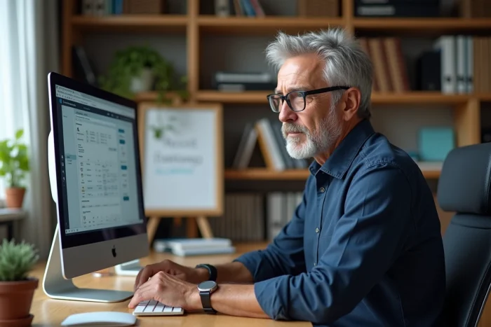 Homme senior travaillant sur un ordinateur de bureau dans un bureau à domicile organisé, symbolisant l'accessibilité informatique pour tous