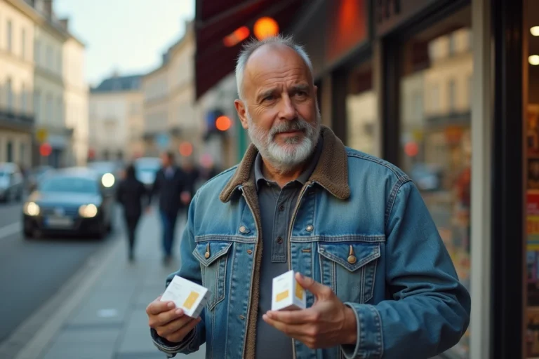 Homme en denim devant boutique de tabac au Luxembourg