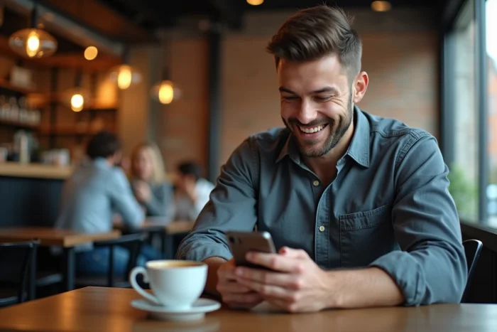 Homme utilisant son smartphone pour accéder à un tchat en ligne dans un café moderne en ville