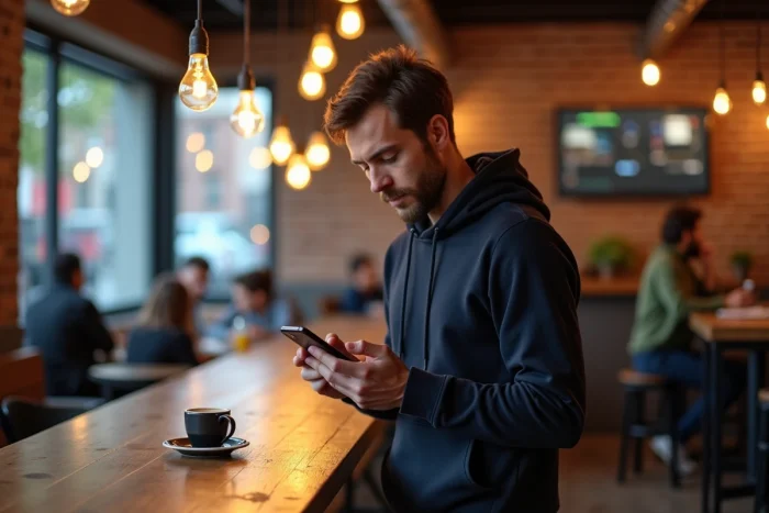 Jeune homme consultant des tendances web sur smartphone dans un café urbain moderne avec décor industriel