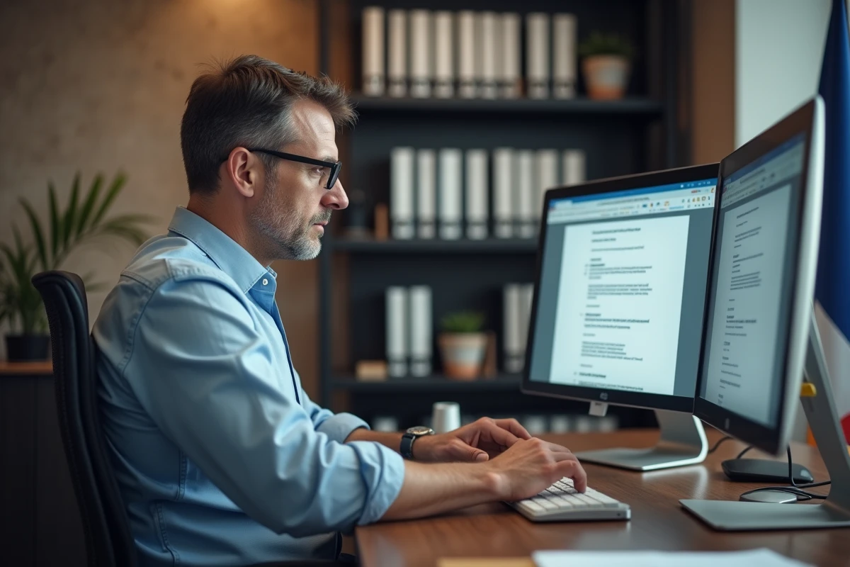 Homme concentré soumettant des documents en ligne au bureau