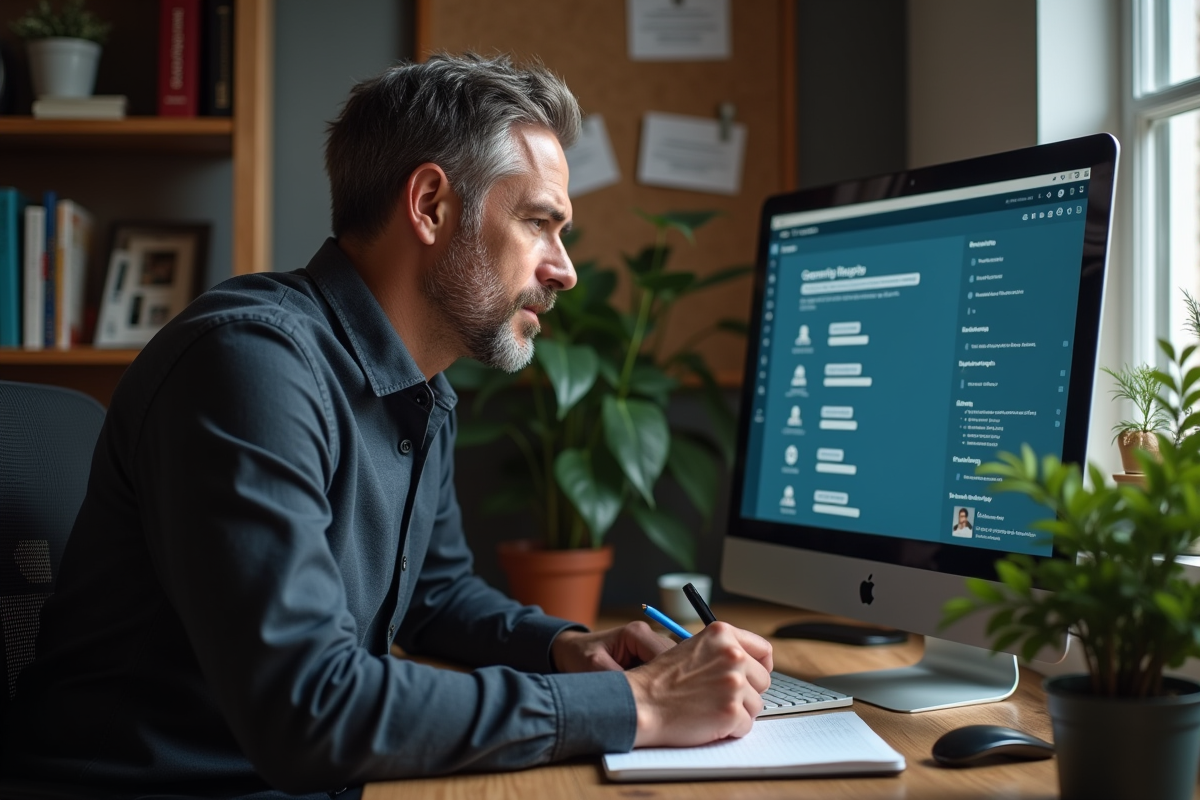 Homme en home office examinant email open source et prenant des notes