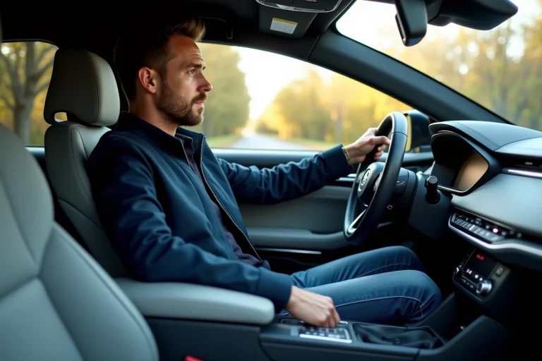Homme en voiture hybride en préparation de changement de mode