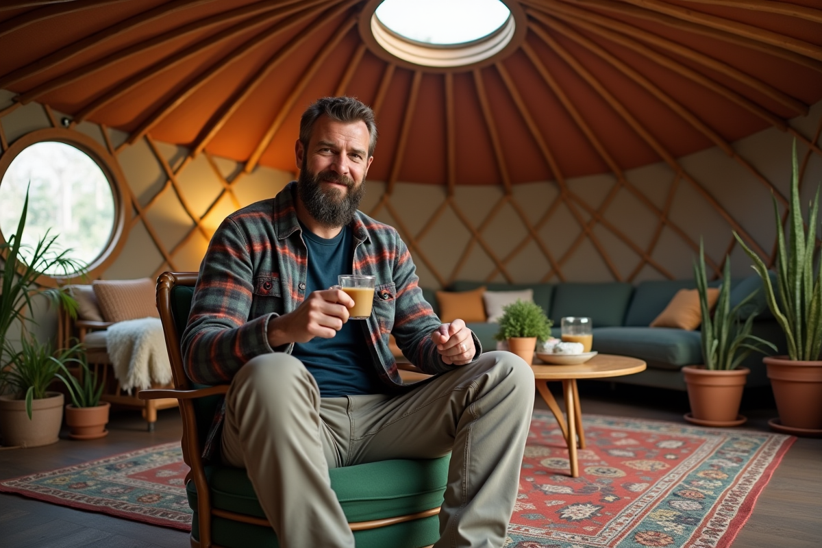 Homme détendu dans un yurt avec textiles et plantes