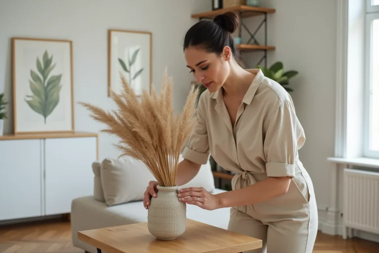 Femme arrangeant des décorations naturelles dans un salon scandinave épuré avec parquet en chêne et murs blancs