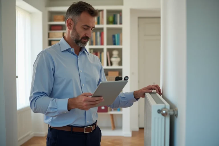Inspecteur immobilier examinant un radiateur dans un appartement moderne