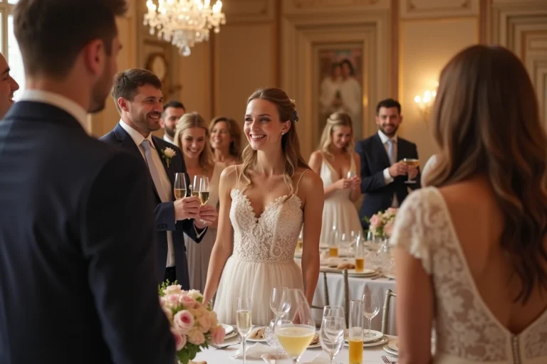 Groupe d'invites en tenue elegante jouant au jeu des 12 mois lors d'un mariage