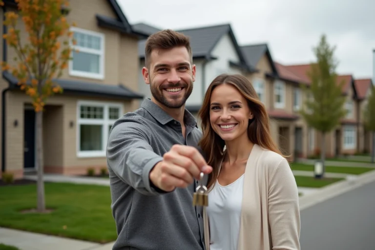 Jeune couple souriant avec clés devant maison moderne