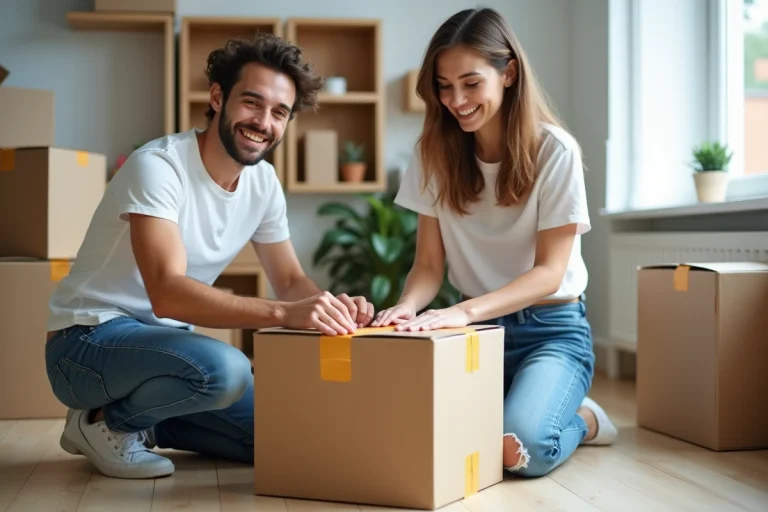 Jeune couple souriant préparant un déménagement dans un appartement