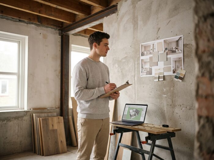 Jeune homme en formation d'architecture d'intérieur examinant un moodboard dans un appartement en cours de rénovation