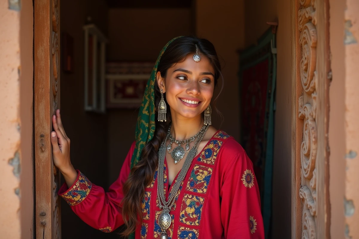 Jeune femme berbere souriante devant une porte sculptée