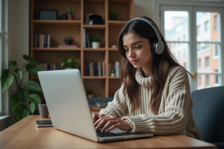 Jeune femme concentrée sur son ordinateur dans un intérieur moderne
