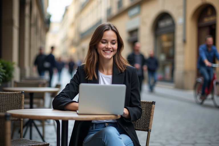 Jeune femme au café de Bordeaux avec ordinateur portable