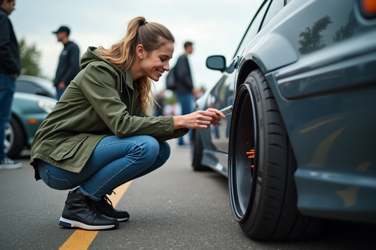 Jeune femme vérifiant une coilover sur une voiture lors d