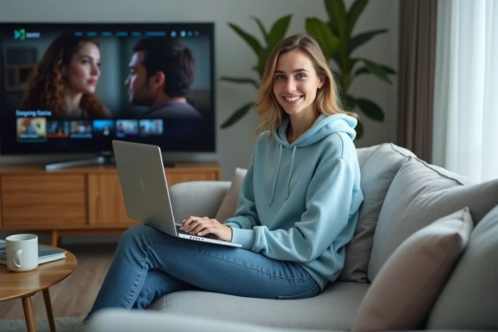 Jeune femme en hoodie bleu sur un canapé cosy