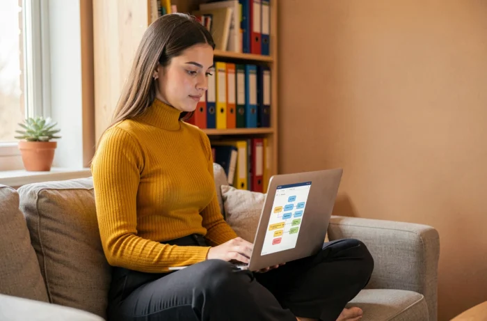 Jeune femme consultant un plan de navigation de site web sur son ordinateur portable depuis son bureau à domicile