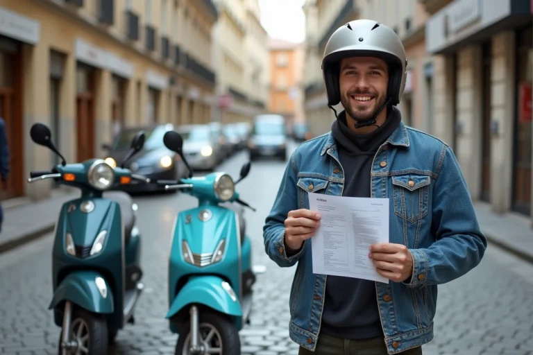 Jeune homme avec casque et scooter en ville