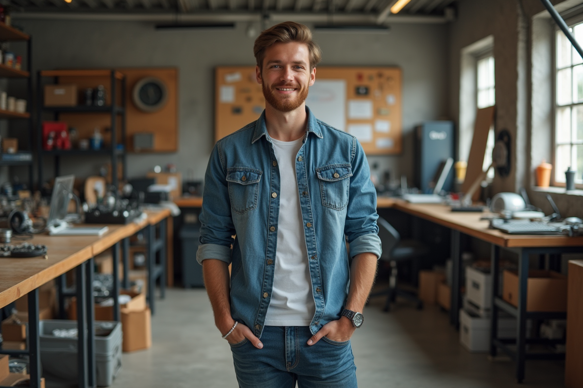 Jeune entrepreneur dans un atelier avec prototypes et outils