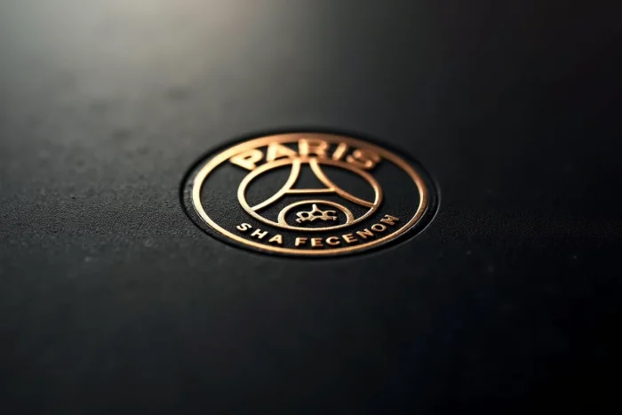 Logo minimaliste du PSG en or et blanc sur fond sombre en métal brossé