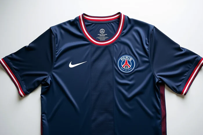 Gros plan du maillot domicile 2024-2025 du PSG avec le logo brodé sur tissu Dri-FIT