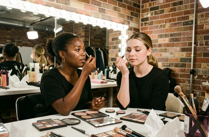 Deux femmes se maquillant ensemble dans une loge de défilé de mode, ambiance backstage réaliste