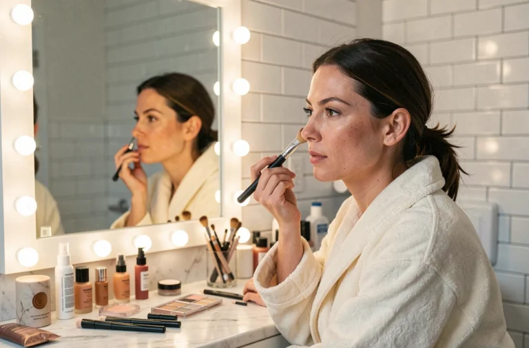 Femme appliquant du fond de teint devant un miroir de coiffeuse dans une salle de bain parisienne