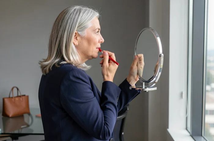 Femme élégante appliquant un rouge à lèvres rouge dans un bureau moderne avec un style professionnel