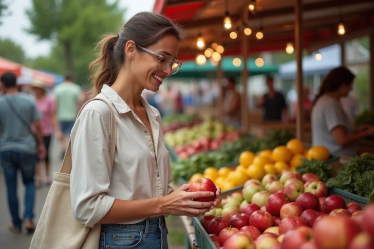Femme choisissant des pommes bio au marché en plein air