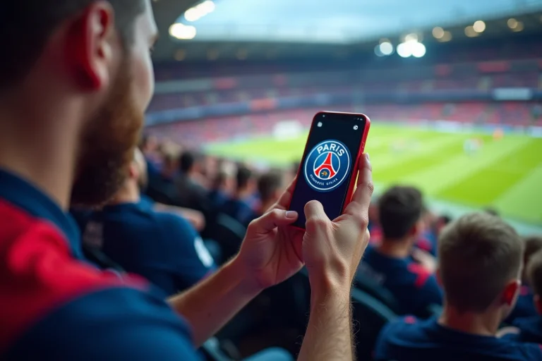 Un supporter du PSG tenant un iPhone avec un fond d'écran du club dans un stade vibrant