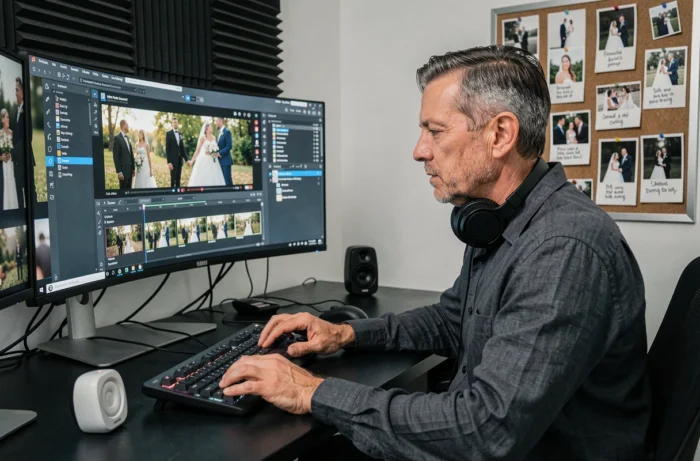 Monteur vidéo professionnel arrangeant la musique et les photos d'un diaporama de mariage sur un logiciel de montage dans un studio moderne