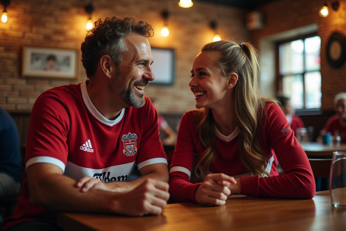 Pere et fille en maillots de football dans un pub convivial