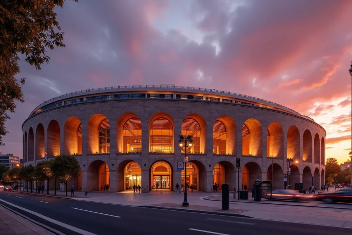 Le Parc des Princes au coucher de soleil avec le ciel orange et violet en arrière-plan