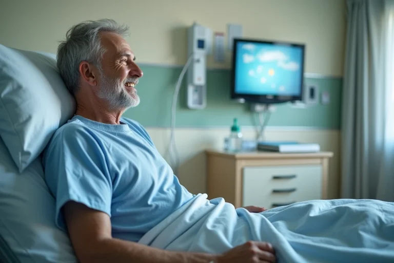 Homme d'âge moyen regardant la télévision dans son lit d'hôpital