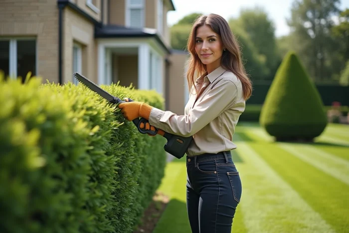 Paysagiste professionnelle taillant une grande haie ornementale dans un jardin résidentiel contemporain avec topiaires géométriques