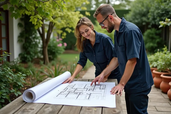 Deux paysagistes professionnels consultant un plan d'aménagement paysager sur une terrasse de jardin avant rénovation