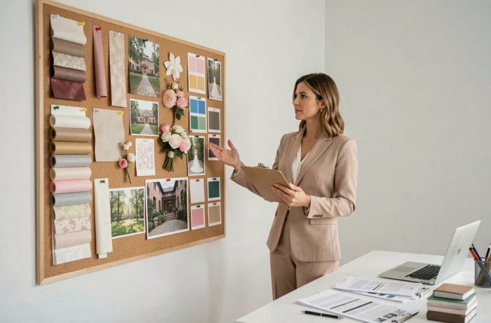 Planificatrice de mariage professionnelle devant un tableau d'inspiration avec échantillons de tissu et photos de lieux