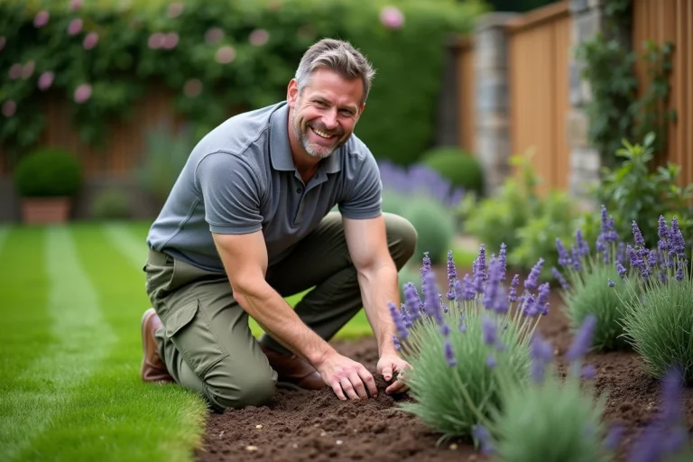 Professionnel des espaces verts plantant de la lavande dans un jardin bien entretenu avec allée en pierre et rosiers grimpants