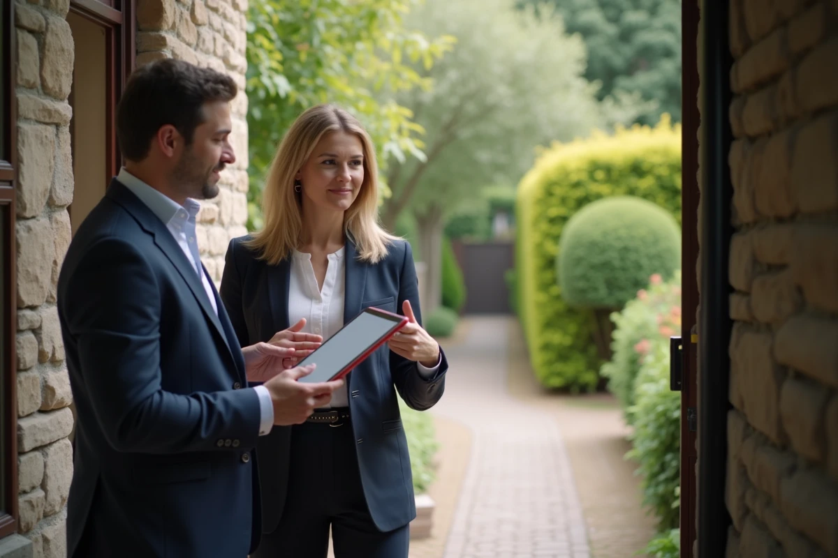 Proprietaire discutant avec un expert en diagnostics devant une maison