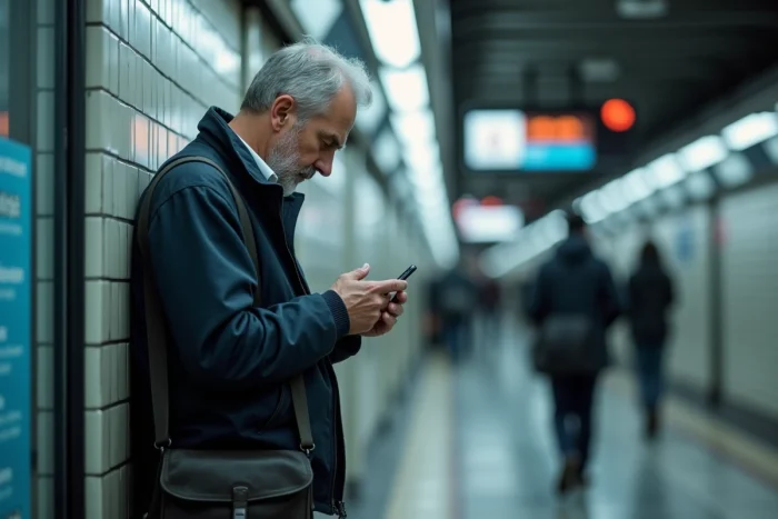 Homme protégeant l'écran de son smartphone dans un lieu public pour préserver la confidentialité de ses données numériques