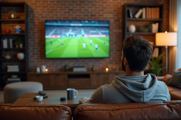 Homme regardant un match de sport en direct sur sa télévision depuis son canapé à domicile