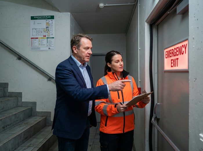 Responsable de bâtiment et ingénieur incendie examinant une porte coupe-feu et une signalétique de sortie de secours dans une cage d'escalier commerciale