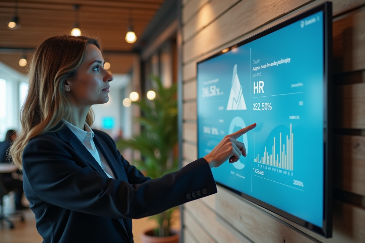 Manager RH utilisant un panneau interactif dans un espace de travail