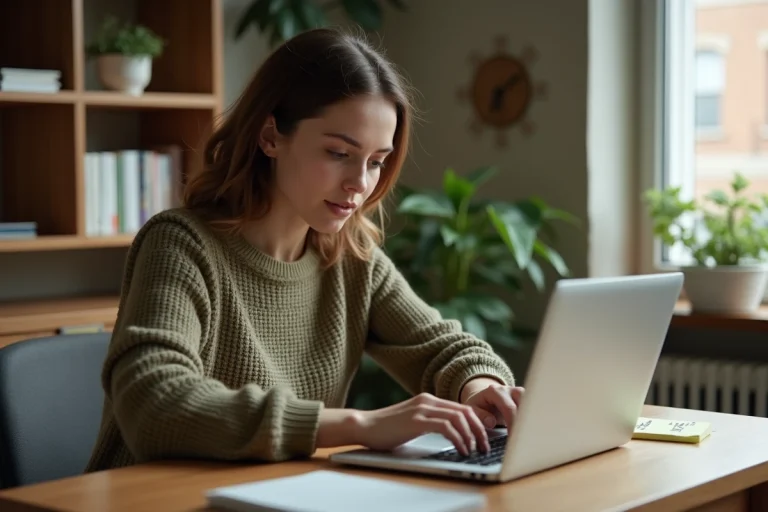 Femme utilisant un ordinateur portable de manière sécurisée dans un bureau à domicile, illustrant les bonnes pratiques de sécurité numérique