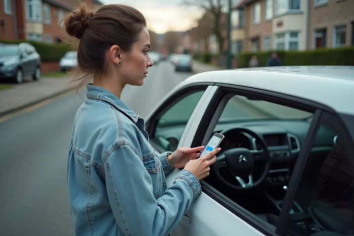Femme tenant un smartphone avec écran de jumelage Bluetooth devant une Citroën C3 portière ouverte