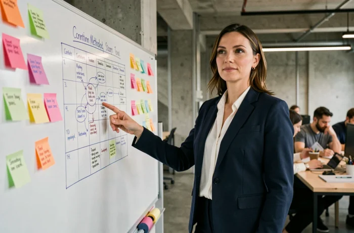 Stratège marketing féminine présentant un plan de visibilité d'entreprise sur un tableau blanc dans un bureau moderne