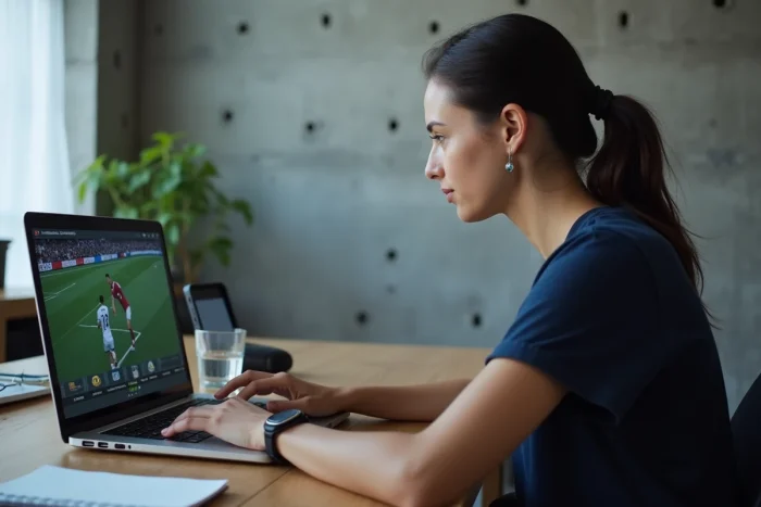 Femme consultant des alternatives de streaming sportif gratuit sur son ordinateur portable
