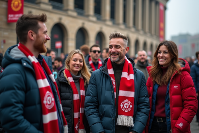 Groupe de supporters de football devant un stade historique
