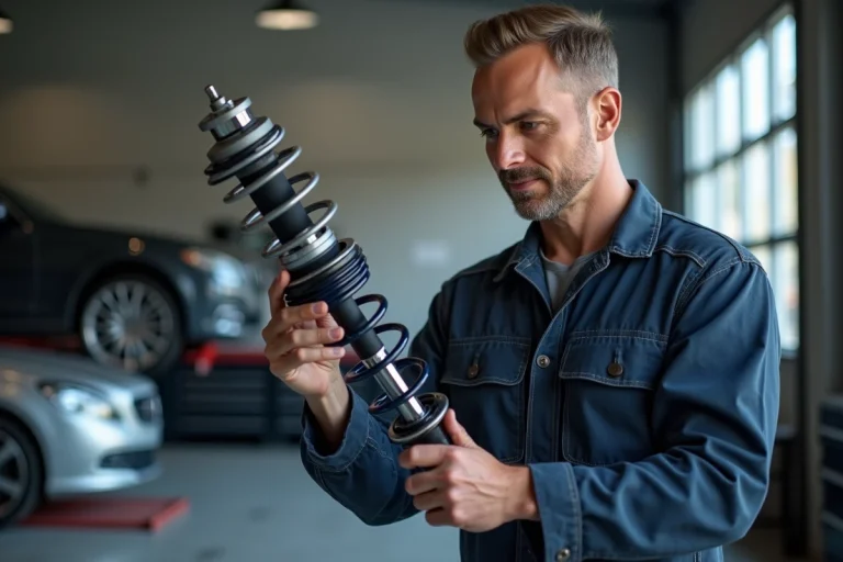 Technicien automobile examinant une suspension coilover dans un garage