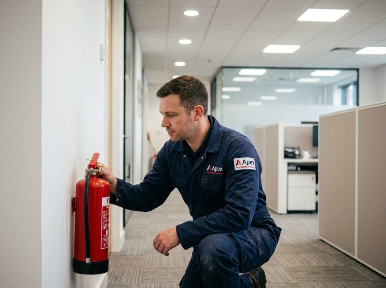 Technicien en sécurité incendie inspectant un extincteur mural dans un couloir de bureau moderne avant un contrôle réglementaire