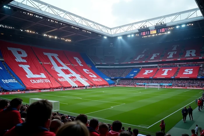 Grand tifo des ultras du PSG dans le virage Auteuil du Parc des Princes lors d'un match